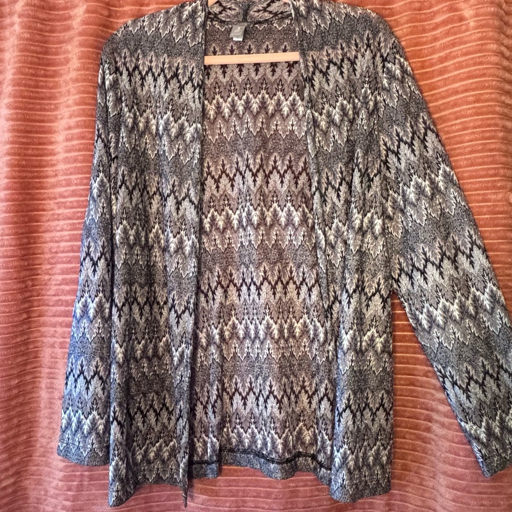 Chico's Black and Gold Patterned very lightweight jacket.